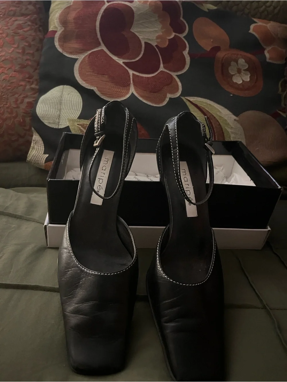 Maripe Black Square-Toe Slingback Heels